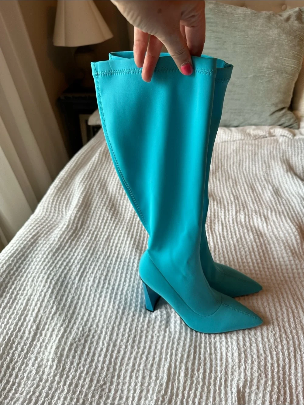Azalea Wang Estate 75 Turquoise Knee High Boots Pointed Toe Sz 7.5 EU 38